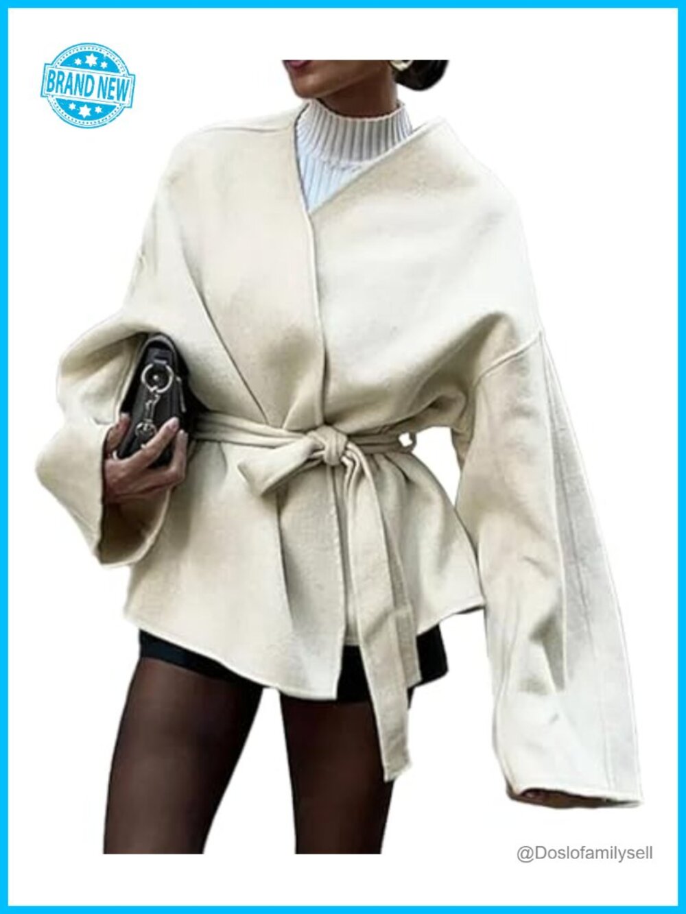 Wool Blend Cropped Pea Coat Wrap V Neck Belted Short Trench Overcoat